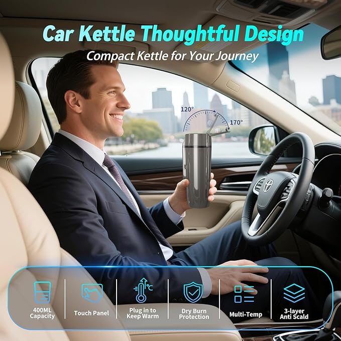 Car Electric Kettle for Travel : FVPE 12V/24V Small Electric Water Kettle, Multi-Temp Control 400 mL Portable Car Water Boiler for Brewing Coffee Tea,LCD Display 304 Stainless Steel Truck Heating Cup