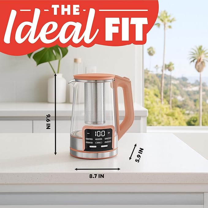 Gourmia Electric Programmable Glass Kettle – 1.7L Temperature Control Tea & Coffee Kettle with Digital Touch Display, 6 Presets, Keep Warm, Removable Stainless Steel Infuser, 360° Swivel Base – Peach