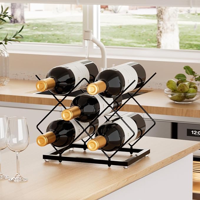 Urban Deco Small Wine Rack 5 Bottle Holder - Modern Metal Wire Wine Storage for Countertop Table Top Coffee Bar Kitchen, Black