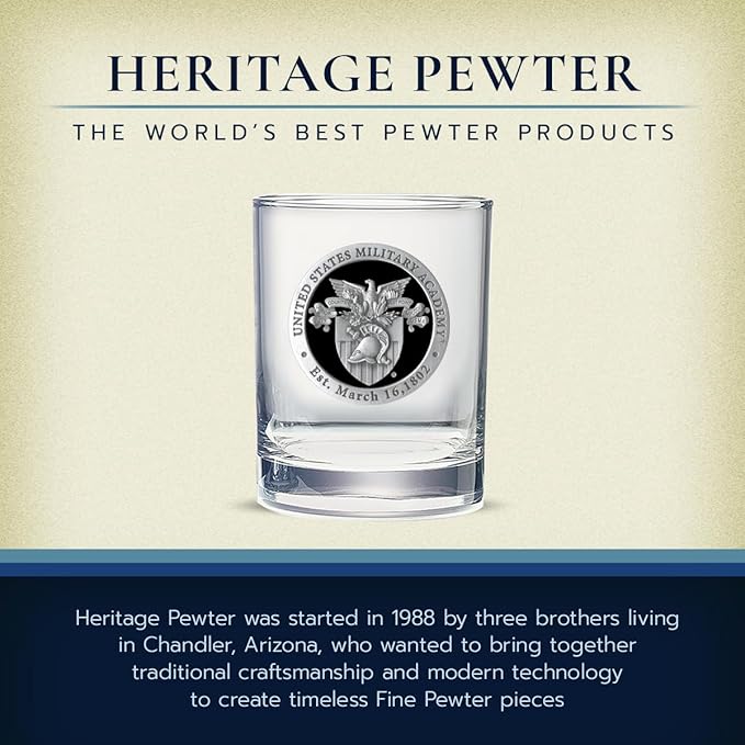 Heritage Pewter US Military Academy West Point Double Old Fashion | Double Rocks Glass 14 OZ for Liquor | Expertly Crafted Pewter Glass