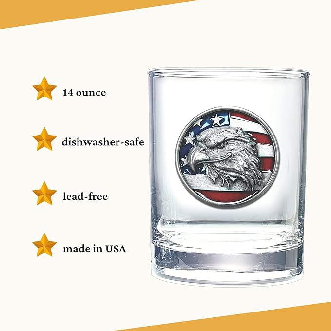 Heritage Pewter Eagle Head with Flag Double Old Fashion | Double Rocks Glass 14 oz for Liquor | Expertly Crafted Pewter Glass