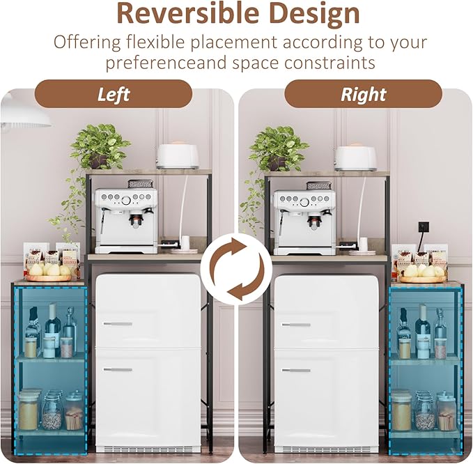 Mini Fridge and Microwave Stand over Refrigerator Storage Shelf with Power Outlet, 5 Tiers Adjustable Bakers Rack Cabinet Coffee Bar Appliance Storage Organizer for Dorm Office Kitchen, Gray