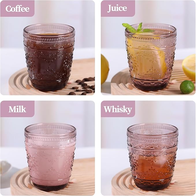 Purple Glassware set of 6, 10OZ Drinking Glasses, Purple Heavy Duty Glass Cups, Colored Glassware Set, Embossed Glasses Set for Party Wedding Home Office Gift