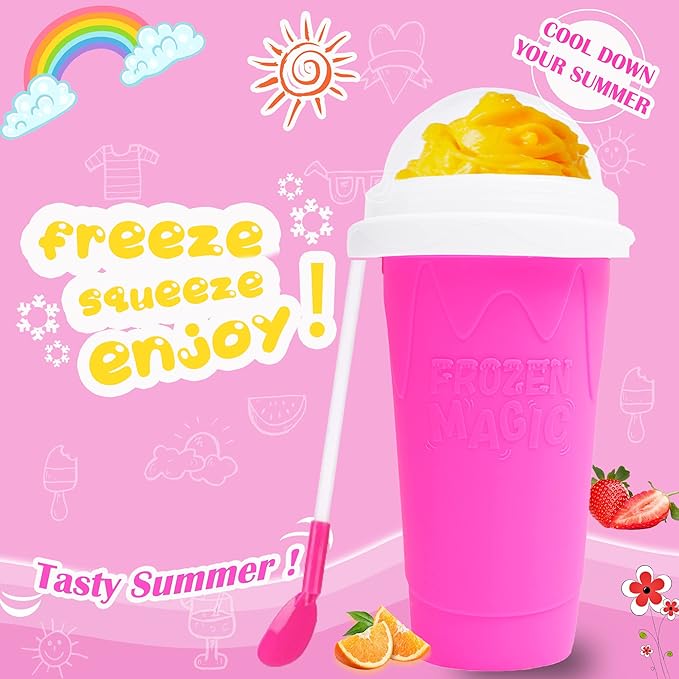 Magic Slushy Maker Squeeze Cup Slushie Maker, Homemade Milk Shake Maker Cooling Cup Squee DIY Birthday Gifts for Kid (Pink)