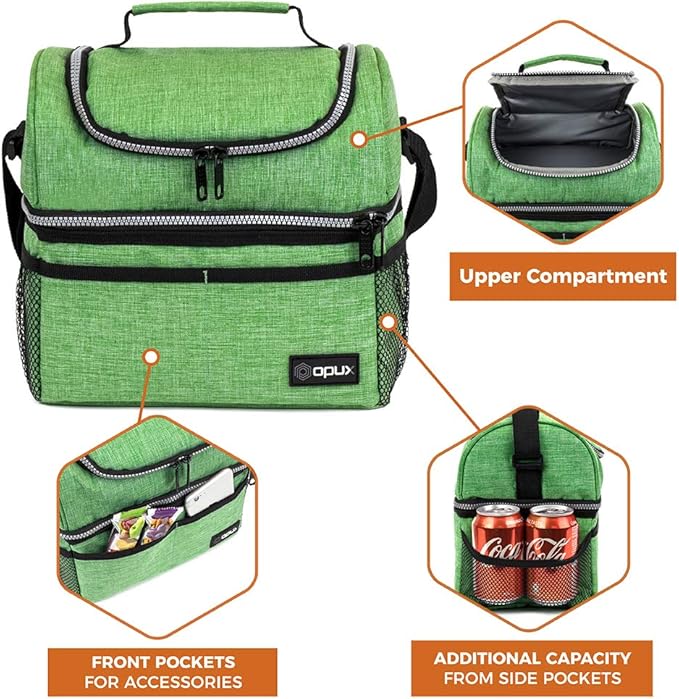 OPUX Lunch Box For Men Women, Insulated Large Lunch Bag Adult Work, Double Decker Lunchbox Meal Prep, Dual Compartment Leakproof Lunch Cooler, Soft Lunch Pail Tote Boys Girls Kids School, Green 12L