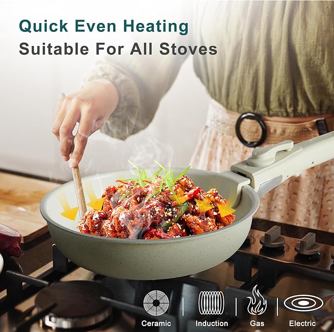 NEWBULIG 12-Piece Nonstick Kitchen Cookware Set, Pots and Pans with Detachable Handle, Induction Compatible, Dishwasher & Oven Safe, Space-Saving, Cream White