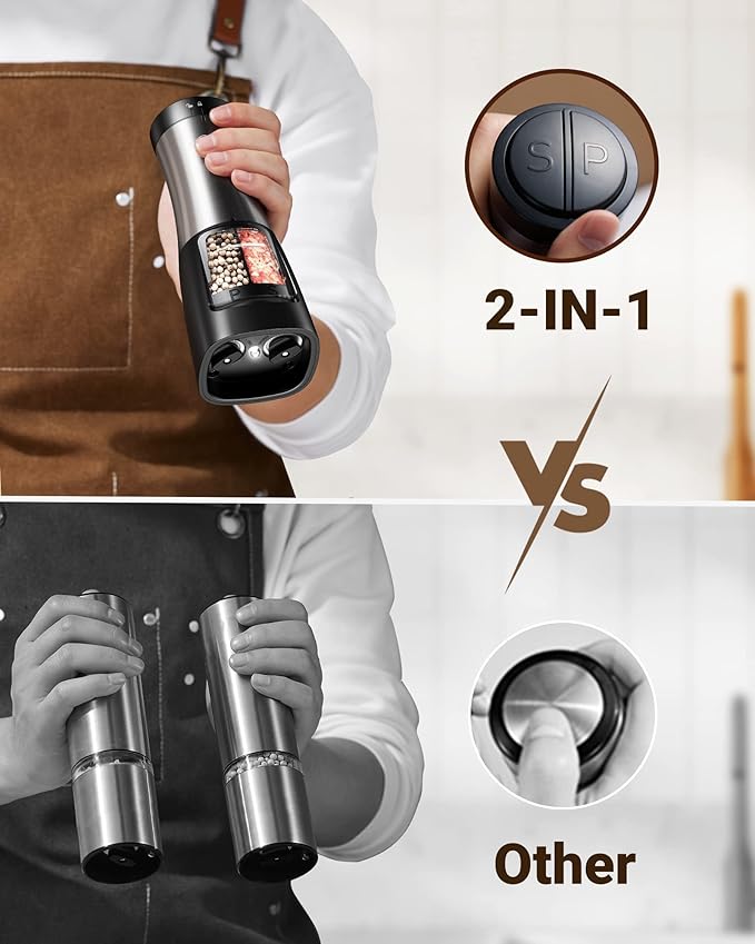 Sangcon Electric Salt and Pepper Grinder Set Shaker 2 IN 1 - Automatic Salt and Pepper Grinder Mill, Battery Powered One-Handed Operation Refillable with Light Dual Ceramic Grinder