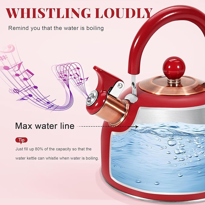 GGC 2.6QT Tea Kettle for Stove Tops, Whistling Tea Kettles for Boiling Water Coffee or Milk, Red Stainless Steel Tea Pots with Folding Handle, Thumb Design Control Kettle Outlet