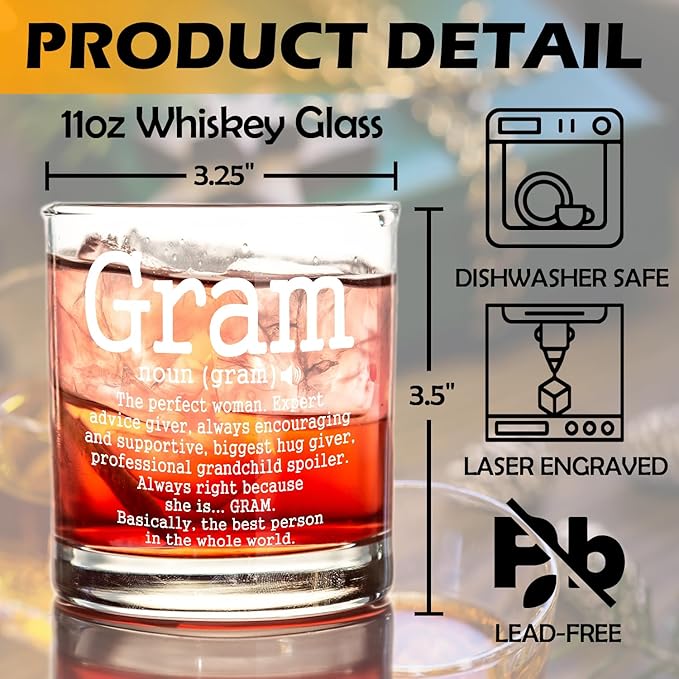 kunlisa Gram Gifts Whiskey Glasses, Best Grandma Gifts for Mother's Day Birthday from Grandkids, 10 oz Drinking Rocks Glasses for Women Whisky Cocktail Scotch Bourbon Liquor
