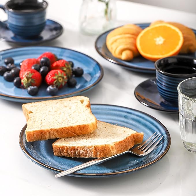 Hasense Salad Dessert Plates, 8 Inch Ceramic Dinner Plate Set of 6, Small Round Serving Dishes for Appetizer, Fruit, Cake, Snack, Blue Reactive Glaze Kitchen Gift, Microwave Dishwasher Safe