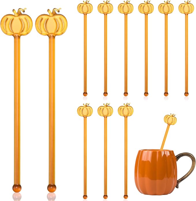 12 Pcs Pumpkin Glass Drink Stirrers 7 Inch Fall Swizzle Sticks 3D Fall Coffee and Cocktail Stirrers Thanksgiving Drink Stir Sticks for Autumn Party Tea Coffee Bar Favors
