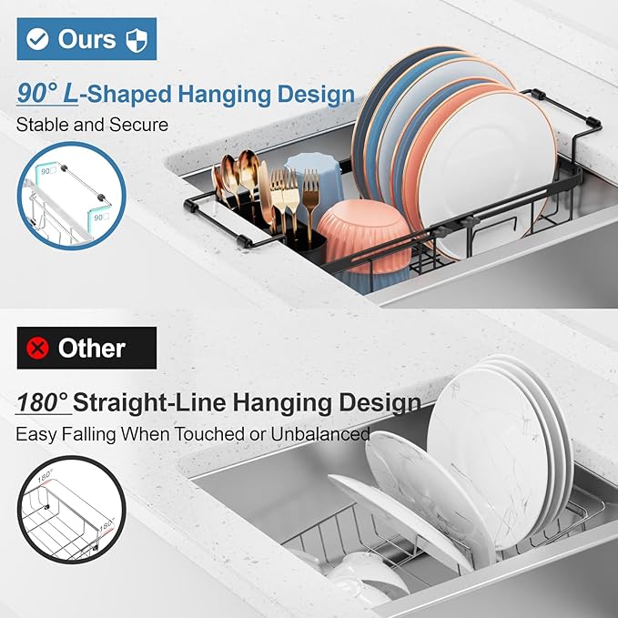 iSPECLE Small Sink Dish Drying Rack, Capacity Expandable Narrow Dish Drainer for RV Kitchen Counter with Cup Holder and Utensil Holder, Fit for 12"~18.3" Sink, Black