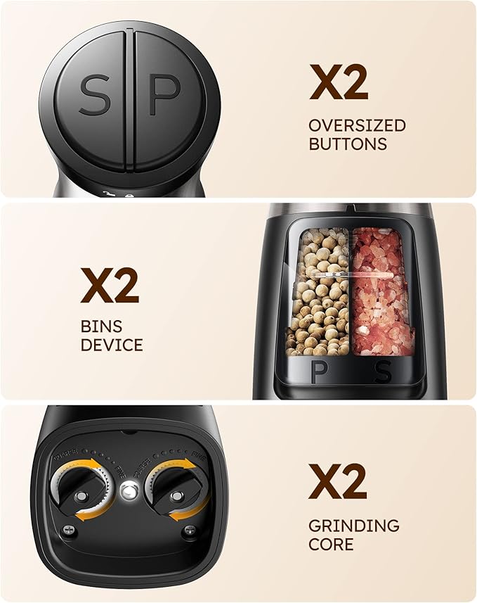 Sangcon Electric Salt and Pepper Grinder Set Shaker 2 IN 1 - Automatic Salt and Pepper Grinder Mill, Battery Powered One-Handed Operation Refillable with Light Dual Ceramic Grinder