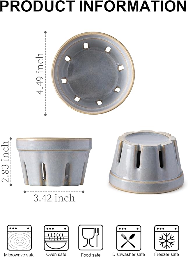 Gomakren Ceramic Berry Basket Set of 2, Round Fruit Bowl with Holes, Fruit Storage Containers for Kitchen, Cute Strawberry Basket for Berries, Grape, Cherry, Gray