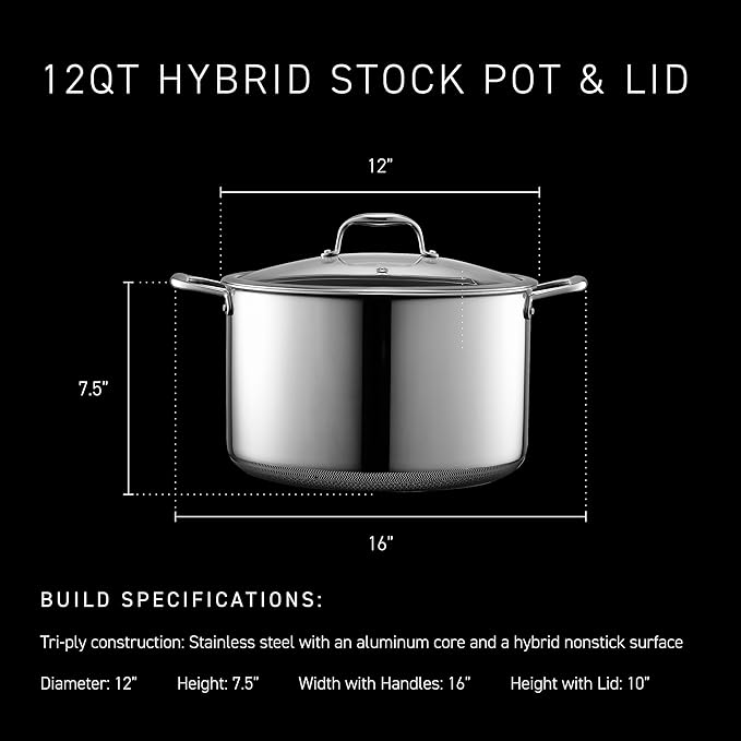 HexClad Hybrid Nonstick 12-Quart Stockpot with Tempered Glass Lid, Stay-Cool Handles, Dishwasher-Friendly, Oven-Safe Up to 900°F, Induction Ready, Compatible with All Cooktops