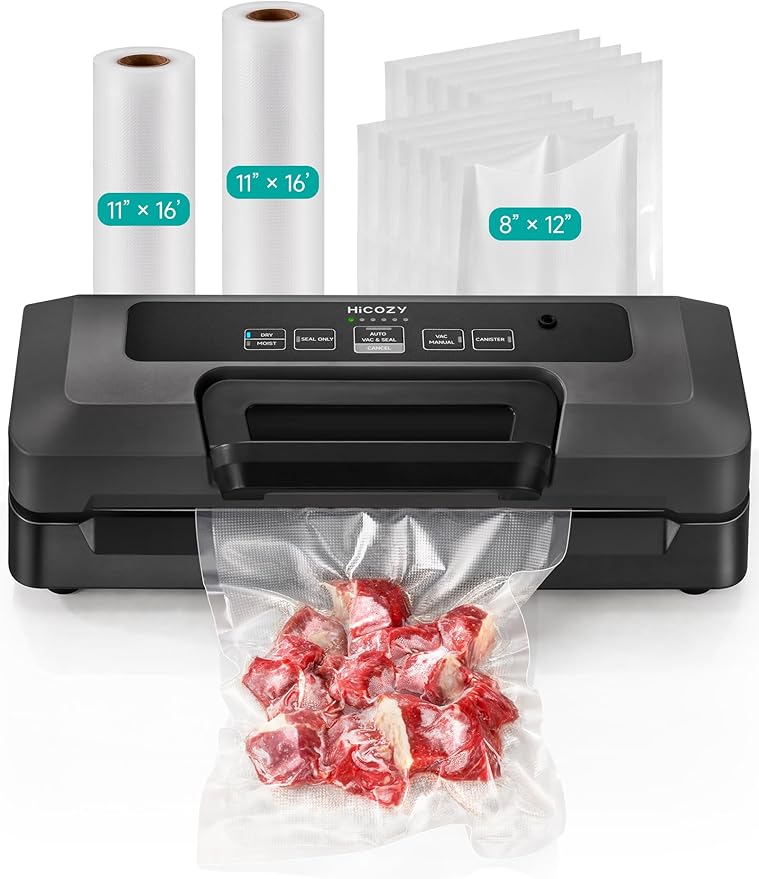 HiCOZY Vacuum Sealer for Food, Powerful Heat Food Sealer, Dry Moist 7-1 Multiple Automatic Modes, Easy-Lock Handle, Compact Design with 10 Vacuum Bags & 2 Bag Rolls, Bag Cutter Included, Black