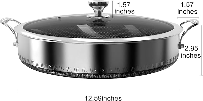 316L Stainless Steel 7QT Saute Pan Hexagon Nonstick Wok with Lid, Two Handle to Hold, PFOA Free, Dishwasher Oven Safe (12.5 inches,7QT)