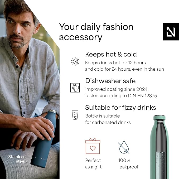 LARS NYSØM Stainless Steel Insulated Water Bottle 12 oz 17 oz 25 oz 34 oz 51 oz | Insulated Thermo Flask for Hot and Cold Beverages | Leakproof Drinking Bottle (Aqua Turquoise, 25.4 oz)