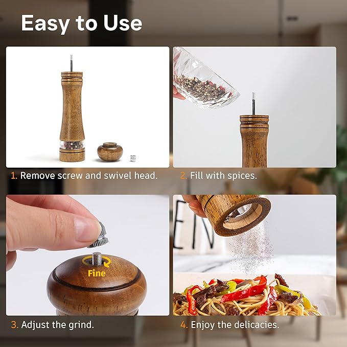 Wood Salt and Pepper Grinder, Salt Grinder and Pepper Mill, Oak Wood Shakers with Adjustable Ceramic Grinders - 8 inches, 1 Pack