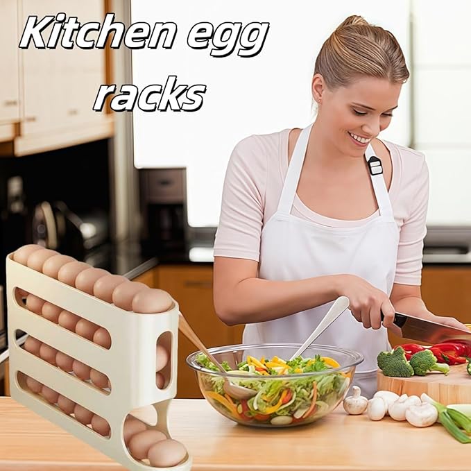 Egg Holder for Fridge, Egg container for refrigerator, Space-Saving Automatic Rolling Eggs Dispenser, 4 Tiers Fridge Egg Rack for Refrigerator Holds up to 30 pcs