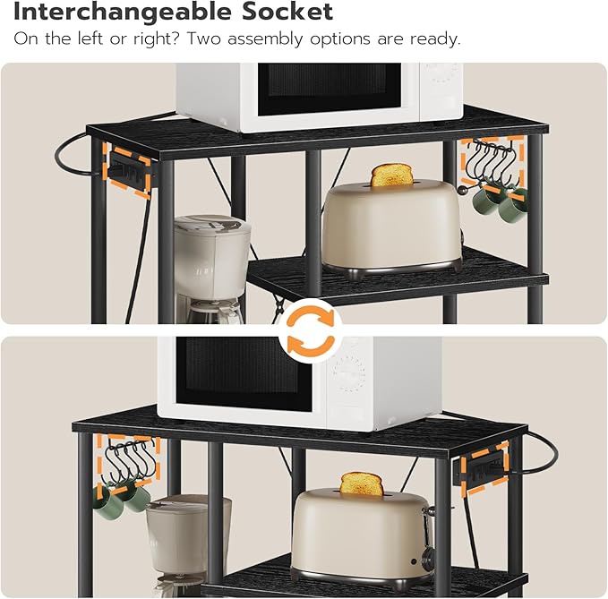 HOOBRO Bakers Rack with Power Outlet, Microwave Stand with 5 S-Shaped Hooks, Coffee Bar, Kitchen Storage Shelf, for Kitchen, Living Room, Black BB07UHB01
