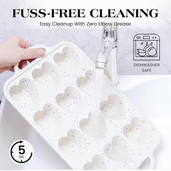 2 Pcs Heart Shaped Muffin Pan with Metal Reinforced Frame 12 Cup Nonstick Silicone Heart Cake Mold for Baking 2.5 Inch Cupcake Tray (Cream)