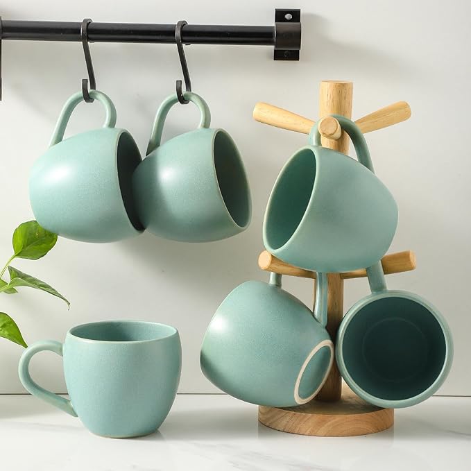 16 oz Coffee Mugs Set of 6, Stoneware Coffee Mugs with Large Handle, Ceramic Coffee Cups for Coffee, Milk, Tea, Cereal, Microwave Safe Mugs for Birthday Christmas Gfit, Turquoise