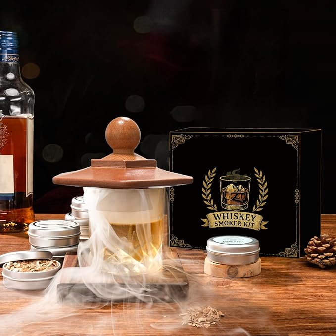 Whiskey Smoker Kit with Torch – 12 Natural Wood Chips, Ice Ball Molds, Cocktail Drink Smoker Infuser Set, Old Fashioned Smoker for Whiskey, Bourbon Gift for Men, Husband, Dad, Him