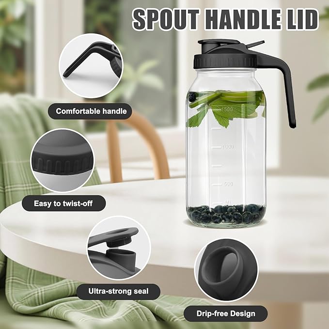 64 oz Glass Pitcher with Lid - 2 Quart Mason Jar Pitcher with Lid, Wide Mouth Airtight & Leakproof Glass Jar for Iced Tea, Juice, Breastmilk, Cold Brew, Sun Tea and Drinks