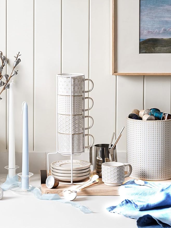 LE TAUCI Stackable Cappuccino Cups 6 oz with Saucers and Stand, Ceramic Embossed Coffee Mugs for Espresso Au Lait, Latte, Cafe, Mocha,Tea, Dishwasher Oven Safe - Set of 4, Arctic white