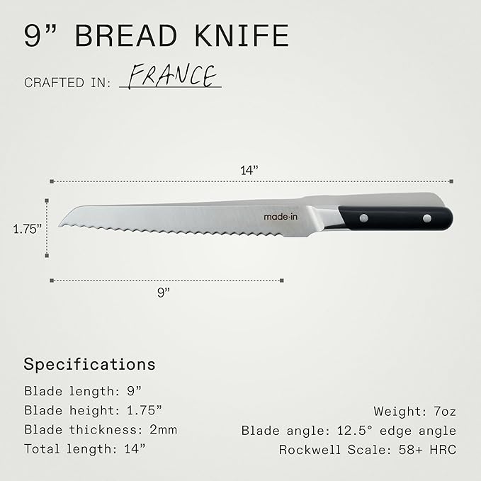 Made In Cookware - 9" Inch Bread Knife France - Full Tang With Truffle Black Handle