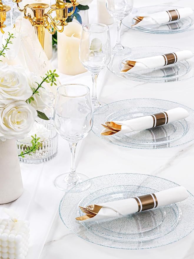 WDF 200PCS Blue Plastic Plates - Blue Glitter Plastic Plates - Heavy Duty Disposable Plates - Include 100 Dinner Plates 10" and 100 Dessert Plates 7" for Parties/Wedding/Graduation