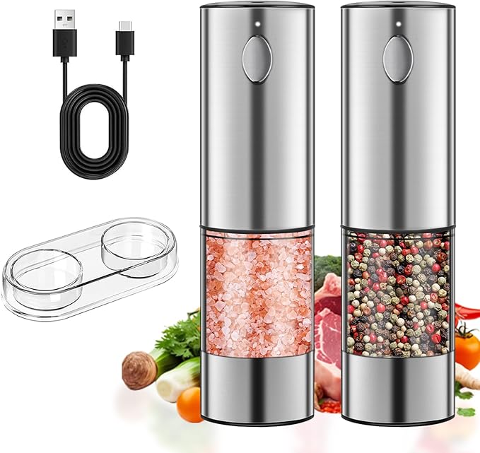 Electric Salt and Pepper Grinder Set, Rechargeable Pepper Grinder LED lights, Stainless Steel Automatic Salt and Pepper Mill Set, Refillable with 5 Adjustable Coarseness Silver
