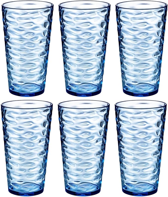 20-ounce Plastic Tumblers, Acrylic Drinking Glasses High-Balls, set of 6 Blue Reusable Plastic Cups, Stackable, BPA-Free, Shatter-Proof, Dishwasher-Safe