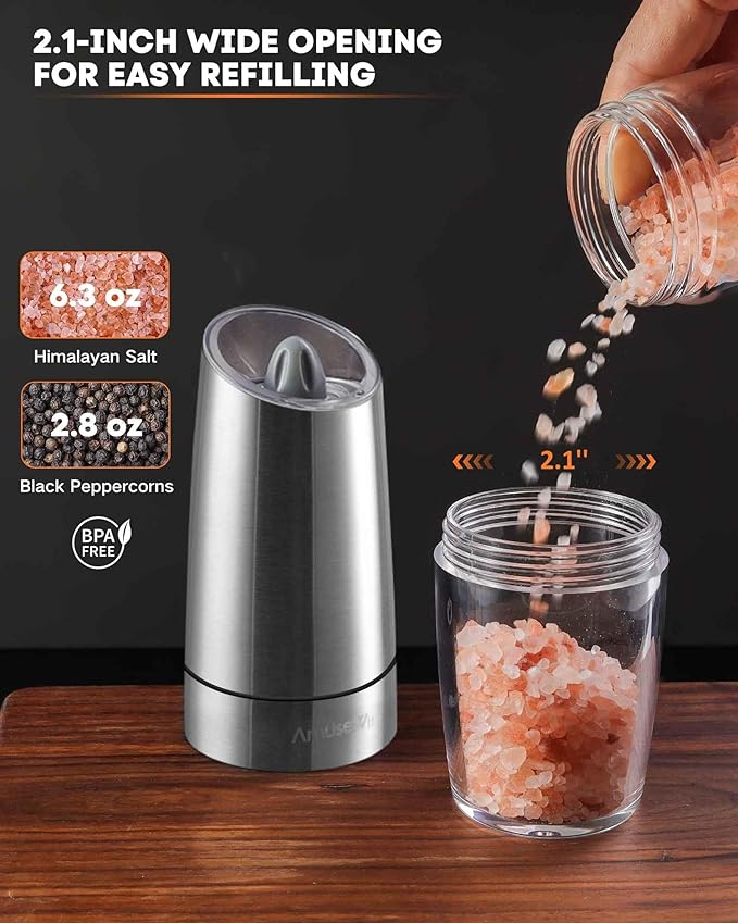 AmuseWit Electric Gravity Pepper Mill or Salt Grinder Mill [White Light] - Battery Operated Automatic Pepper Grinder with Light, One Handed Operation, Adjustable Coarseness, Stainless Steel