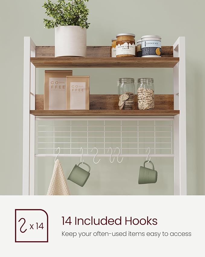 VASAGLE Hutch Bakers Rack with Power Outlet, 14 Hooks Microwave Stand, Adjustable Coffee Bar with Metal Wire Panel, Kitchen Storage Shelf, 15.7 x 23.6 x 66.9 Inches, Rustic Walnut and White UKKS037W41