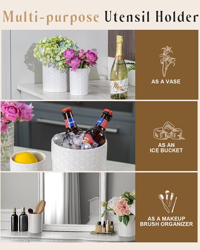 Nucookery Utensil Holder - 7.2"+5.4" Ceramic Utensil Holder for Kitchen Counter, Large Embossed Utensil Crock, Spatula Holder for Counter, Farmhouse Utensil Vase for Housewarming, Kitchen Decor