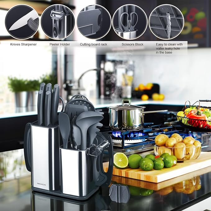 RAXCO Cooking Utensils Set,18-Piece Damascus Texture Knifes and Kitchen Gadgets,Integrated Storage,Grey
