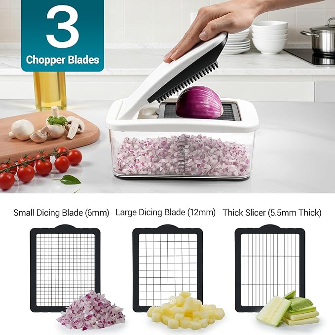 Sopito Vegetable Chopper Heavy-Duty Mandoline Slicer for Kitchen - Multifunctional Onion Potato Food Veggie Fruit Slicer and Cutter with 6 Blades & Container for Onion, Veggies, and Food Preparation