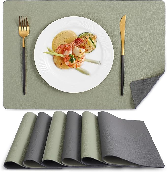 MOSAYT Vinyl Placemats Set of 6, Heat Resistant Place Mats 100% Waterproof Washable & Wipeable Faux Leather Reversible Table Mats for Kitchen Dining Party Outdoor, 12" x 17", Light Grey/Sage Green