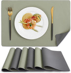 MOSAYT Vinyl Placemats Set of 6, Heat Resistant Place Mats 100% Waterproof Washable & Wipeable Faux Leather Reversible Table Mats for Kitchen Dining Party Outdoor, 12" x 17", Light Grey/Sage Green