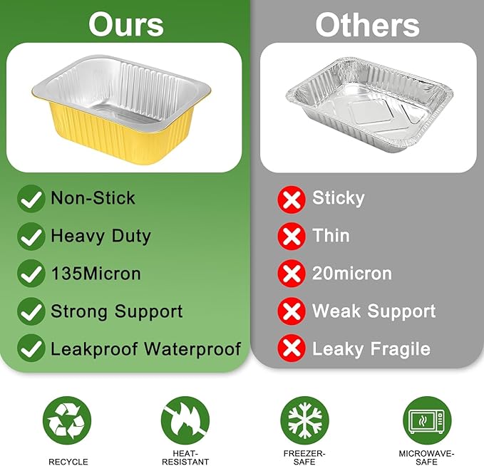 8.6"×6.5"×2.4" - 40 Pack 3LB/48oz Gold Aluminum Foil Pans with Lids Heavy Duty, Foil Food Containers with Lids, Tin Foil Pans for Baking, Meal Prep, Freezer, Heating and Takeout