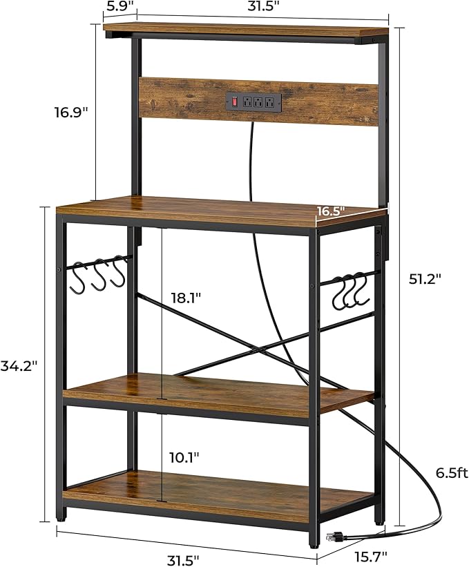 SUPERJARE Bakers Rack with Power Outlets, Microwave Stand, 31.5 X 16.5 Inch Larger Desktop, Kitchen Storage Rack with Adjustable Middle Shelf, 6 S-Shaped Hooks, Coffee Bar Stand, Rustic Brown