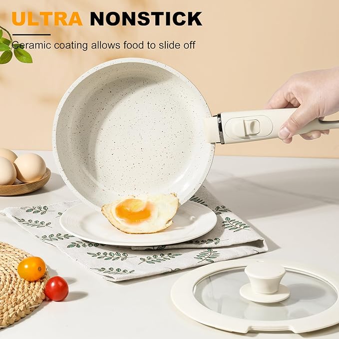 20 Pcs Pots and Pans Set Non Stick, Ceramic Cookware Set Detachable Handle, RV Kitchen Cooking Set Removable Handles, Oven Safe, Induction ReadyStackable Non-stick set, White