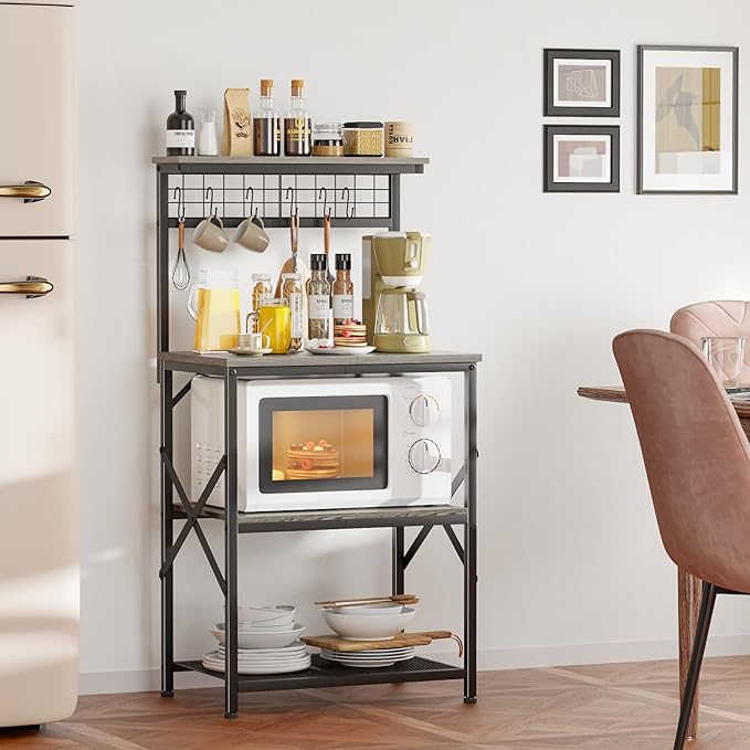Furologee Kitchen Bakers Rack, Microwave Stand with Storage 4 Tiers, Coffee Bar Station with 6 S Hooks and Pegboard, Kitchen Shelves Rack for Spices, Pots, Black Oak