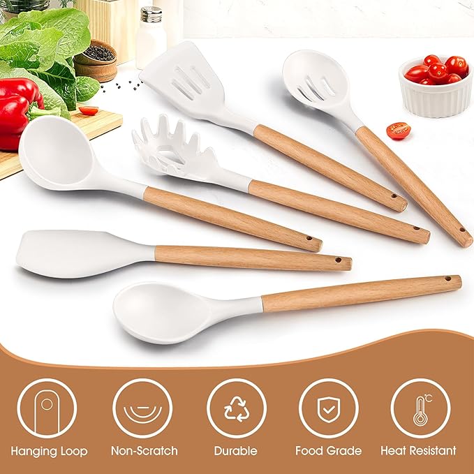 E-far White Cooking Utensils Set of 6, Silicone Kitchen Utensils with Wooden Handle, Non-stick Cookware Friendly & Heat Resistant, Includes Spatula/Ladle/Slotted Turner/Serving Spoon/Spaghetti Server