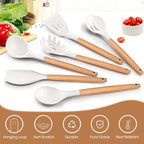 E-far White Cooking Utensils Set of 6, Silicone Kitchen Utensils with Wooden Handle, Non-stick Cookware Friendly & Heat Resistant, Includes Spatula/Ladle/Slotted Turner/Serving Spoon/Spaghetti Server