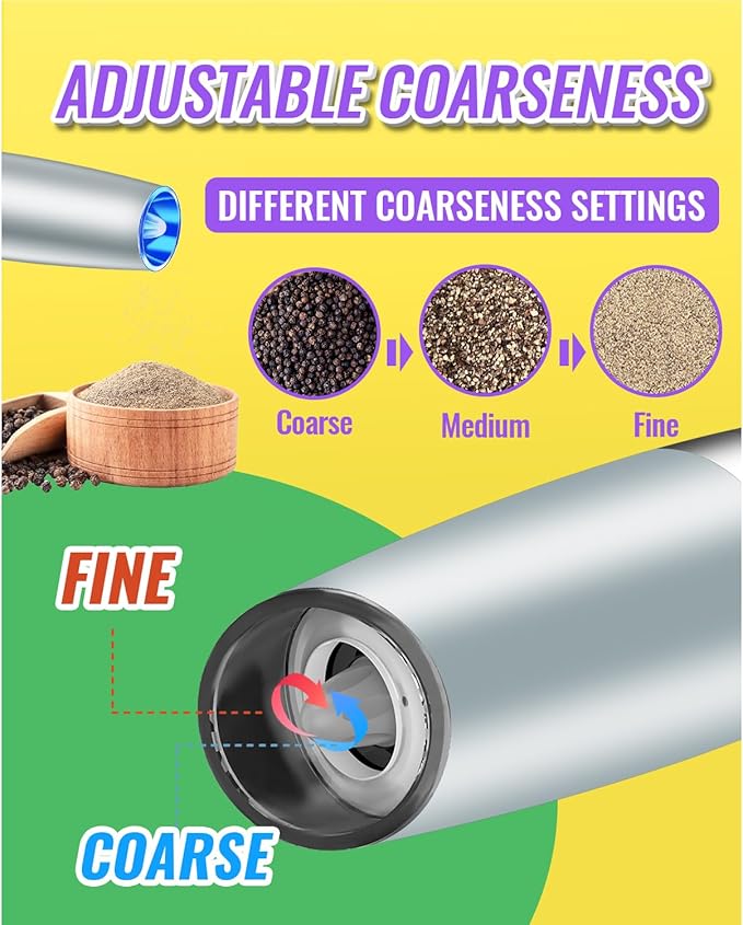 Rongyuxuan Gravity Salt and Pepper Mill Set,Electric Automatic Pepper Grinder Mill Shaker with Battery Powered,Stainless Steel,Blue LED Light,Adjustable Coarseness,One Hand Use,Light Grey