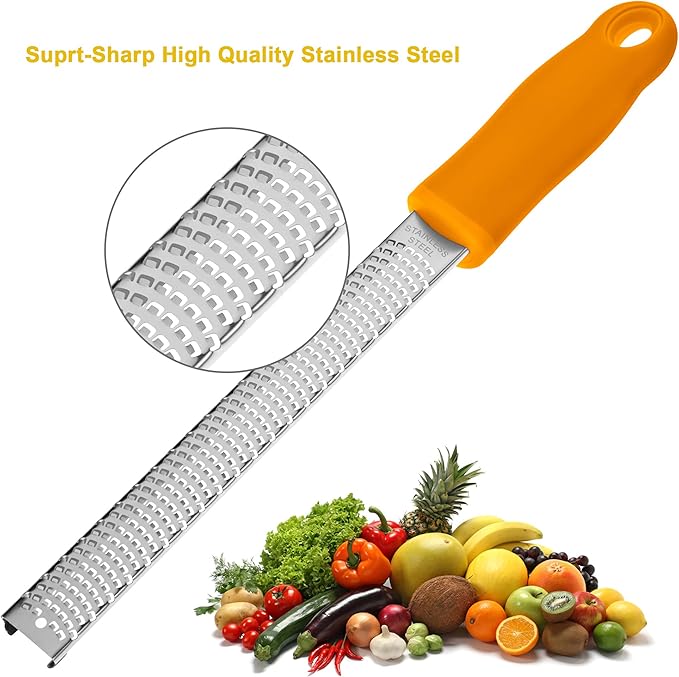 Lemon Zester, Stainless Steel Kitchen Cheese Grater, Plastic Cover Ergonomic Soft Orange Handle