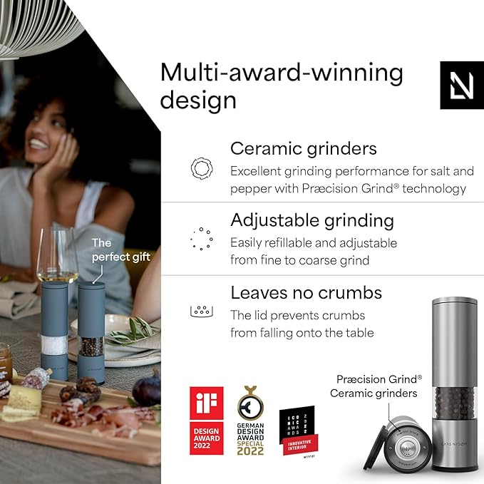 LARS NYSØM Salt and Pepper Grinder Set 2 pieces I Salt Pepper Mill with Adjustable Ceramic Grinder I Design Spice Grinder Set Manual (Stainless Steel)